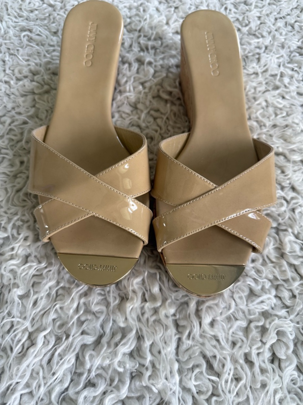 Jimmy Choo Beige Patent Crisscross Slide Mules